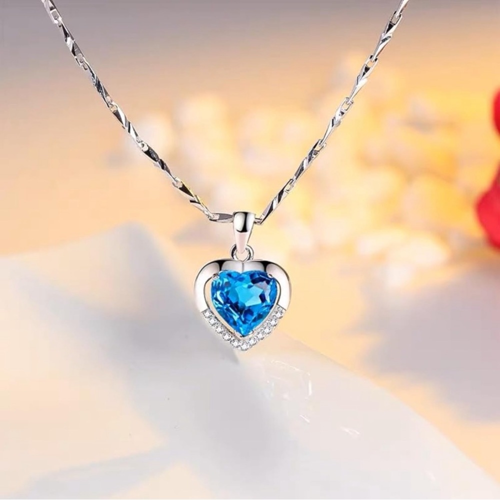 #61 - Blue Gem Love Heart Shaped Pendant Necklace - Picture 2 of 6